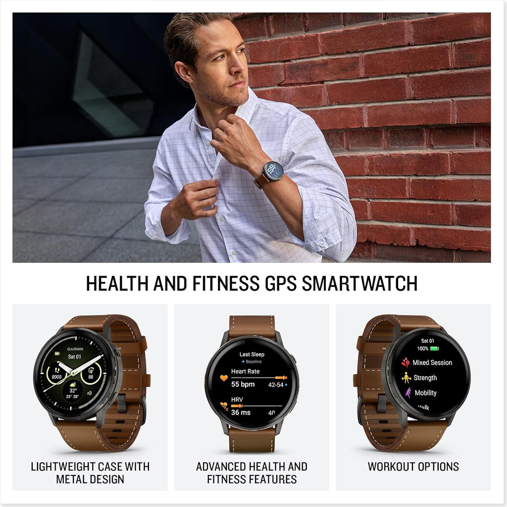 Garmin Venu® 4, 45mm, Advanced Health and Fitness GPS Smartwatch,Bright Colorful Display,Built-in Flashlight,12 Days of Battery Life, Slate with Black Silicone and Brown Leather Band - 2 Bands