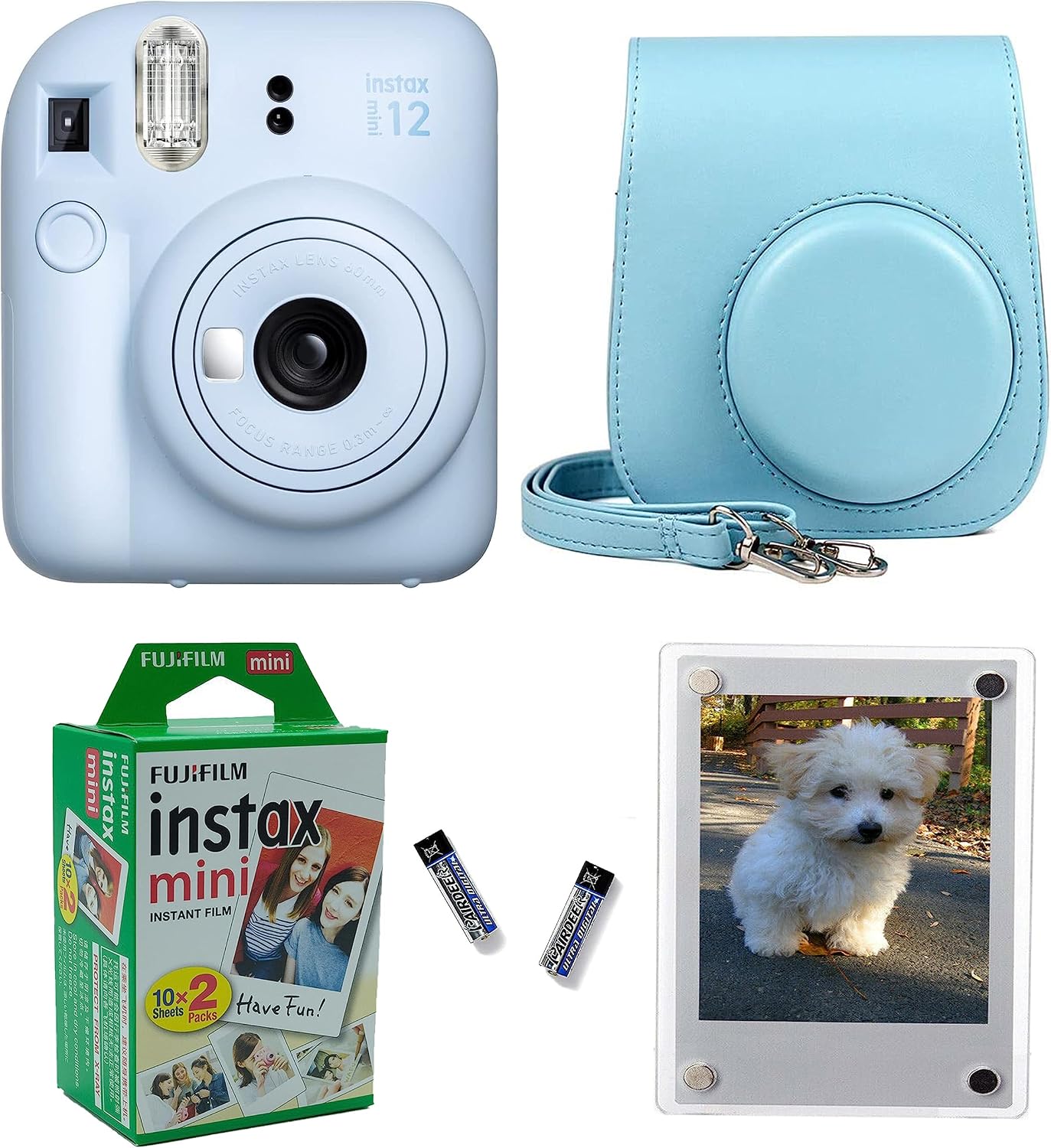 Fujifilm Instax Mini 12 Instant Camera + Pro Design Protective Case & Magnetic Lucite Frames, 20 Sheets (Pastel Blue)