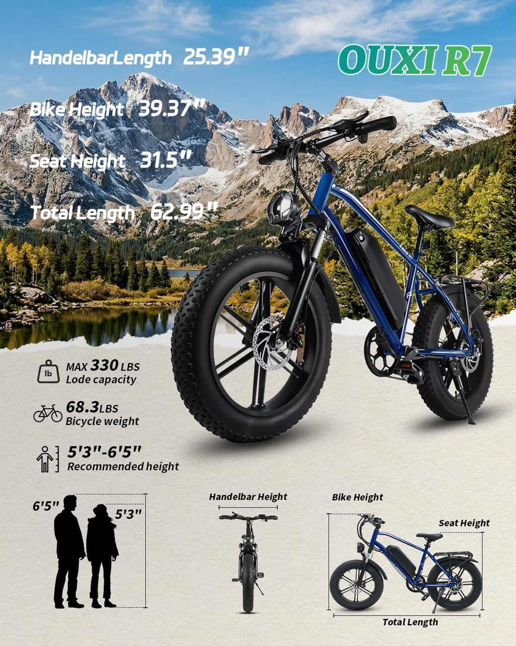 OUXI Electric Bike for Adults, 1000W Peak Electric Mountain Bicycle 48V13Ah Removable Battery, 20″ Fat Tire Ebike with Adjustable Seat, Rear Rack, UL 2849 Certified