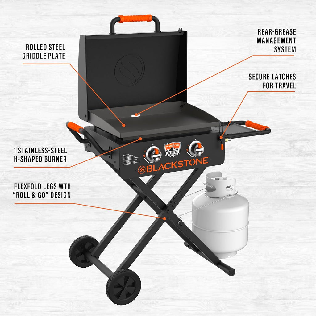 BLACKSTONE 22' On The Go Scissor-Leg Griddle with Two Burners -Stainless Steel Gas Griddle with Hood, Wheels, Side Shelf –Heavy Duty Outdoor Stainless Steel Griddle for Backyard, Patio Camping –1935