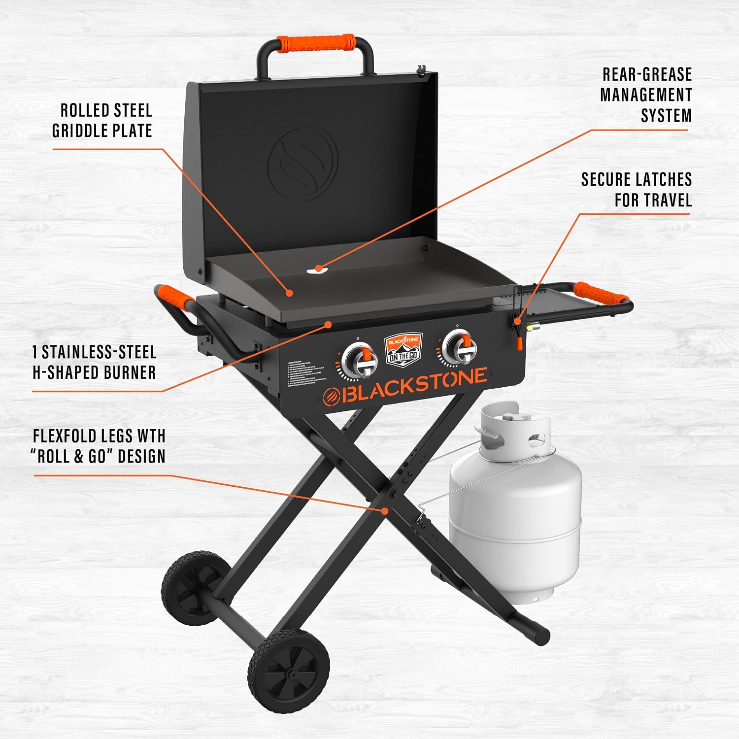 BLACKSTONE 22' On The Go Scissor-Leg Griddle with Two Burners -Stainless Steel Gas Griddle with Hood, Wheels, Side Shelf –Heavy Duty Outdoor Stainless Steel Griddle for Backyard, Patio Camping –1935