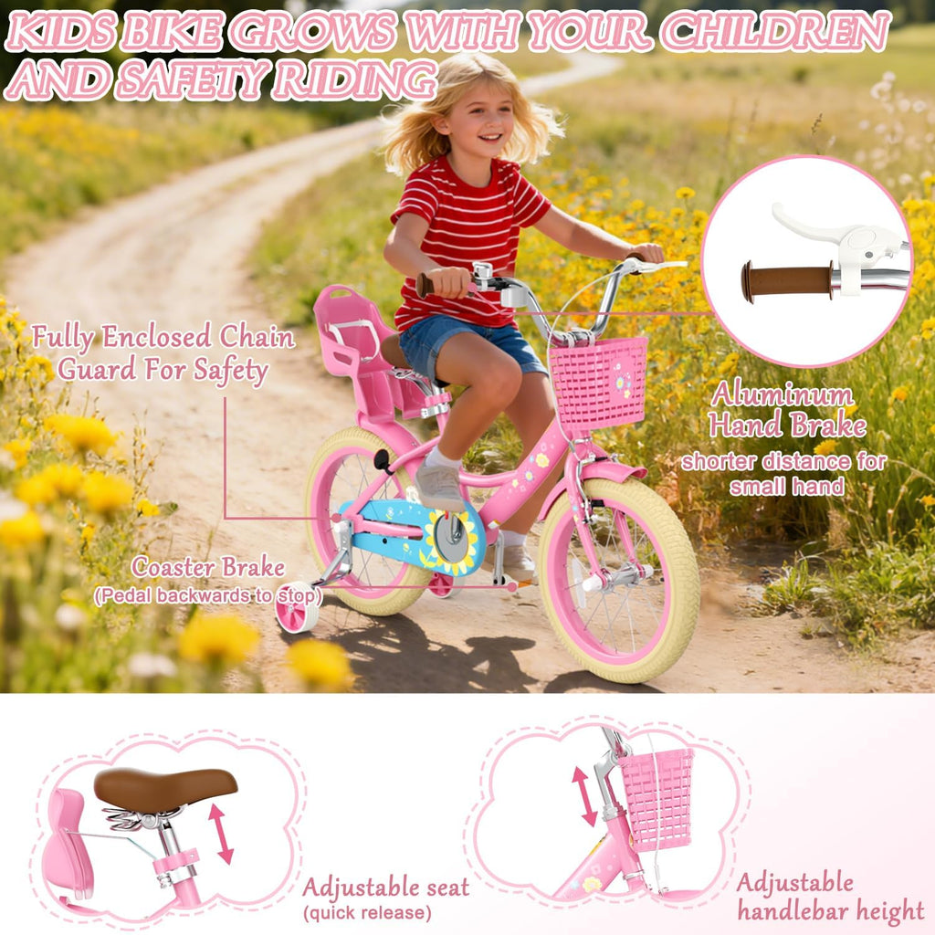 Glaf Toddler Girls Bike 12 14 16 20 Inch Girls Bike with Training Wheels Age 2-12 Years Old Bicycle Kids Bike with Basket and Doll Seat Adjustable Seat
