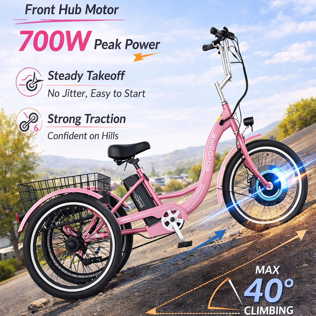 MOONCOOL Adult Electric Tricycle, 350W Front Drive Motor (Peak 700W), 15.5MPH E-Trike, Removable 36V 10.4Ah Battery, Max 60 Miles, 7-Speed 3 Wheel Electric Bike