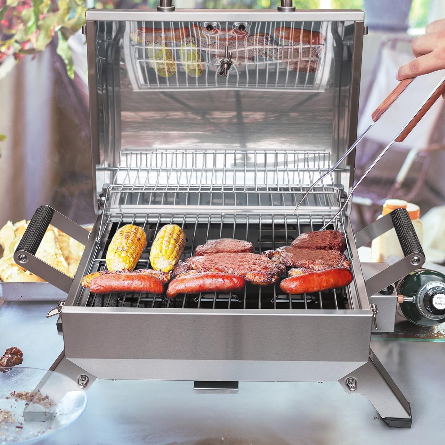 Stainless Steel Portable Grill with Two Handles and Travel Locks, Tabletop Propane Gas Grill with Folding Legs, 10000 BTU, for Picnic Cookout, GT2001, Silver