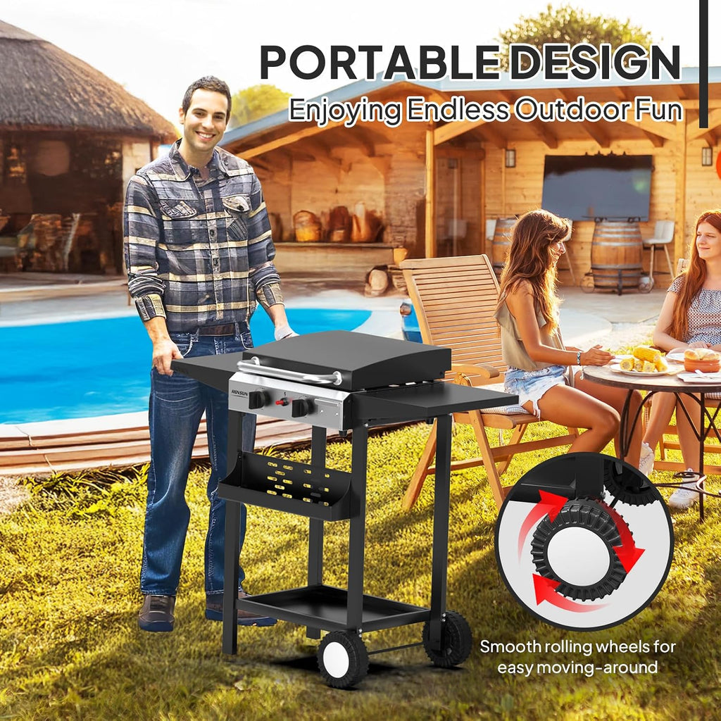 ROVSUN 2 Burner Portable Propane Griddle with Electronic Ignition, 20000 BTU Rolling Flat Top Gas Grill with Enameled Tray & Lid, Side Shelves & Regulator for Outdoor Cooking Camping BBQ Tailgating