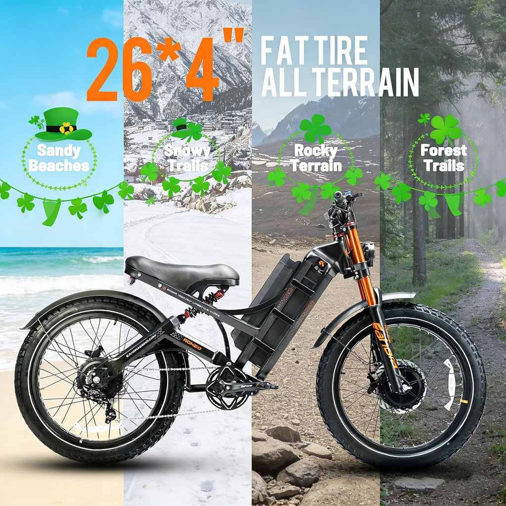 eAhora 2026 Romeo Pro 3 50MPH Electric Bike for Adults 5600W Dual Motor E Bike 60V/80Ah 250 Miles Long Range Electric Bicycle,26 * 4.0 Fat Tire Full Suspension Electric Mountain Bike Delivery Commute