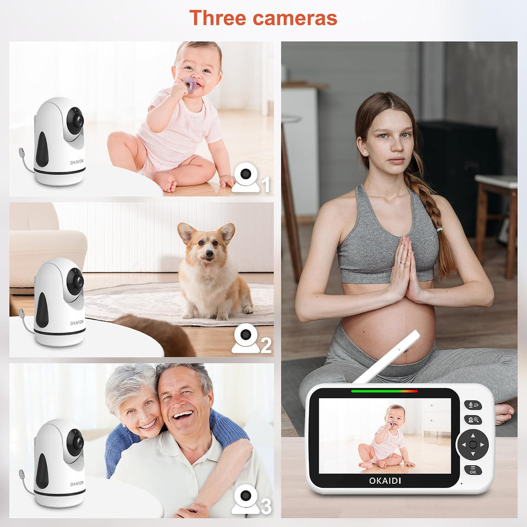 OKAIDI Video Baby Monitor with 3 Cameras, 5' Display Baby Monitor No WiFi, 30H Battery and 1000ft Range, 2-Way Talk, 8 Lullabies, Remote Pan-Tilt-Zoom Baby Camera for Baby/Pet/Elderly