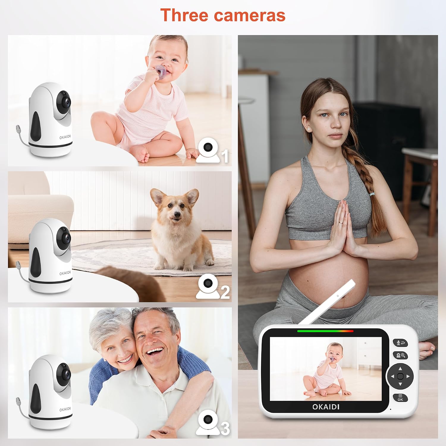 OKAIDI Video Baby Monitor with 3 Cameras, 5' Display Baby Monitor No WiFi, 30H Battery and 1000ft Range, 2-Way Talk, 8 Lullabies, Remote Pan-Tilt-Zoom Baby Camera for Baby/Pet/Elderly