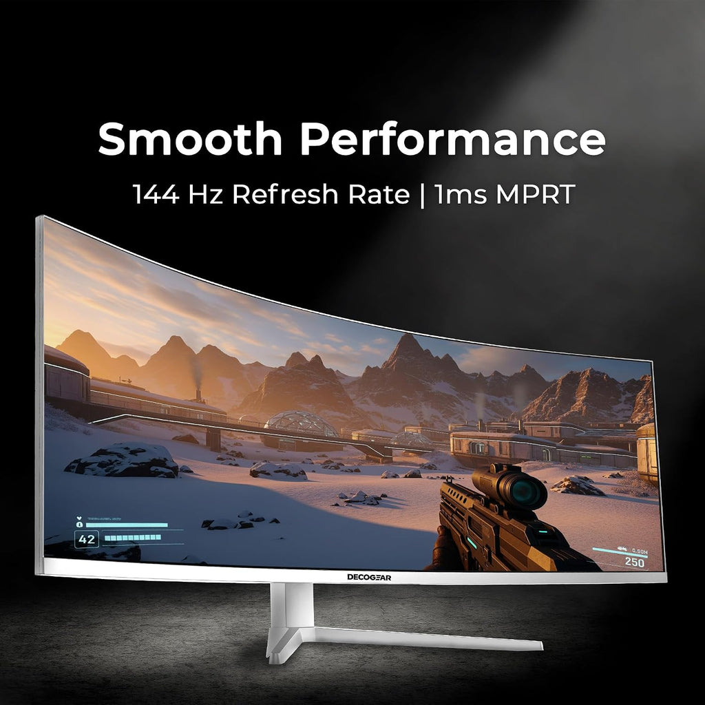 Deco Gear White 49 Inch Curved Monitor, 144HZ Ultrawide DFHD Screen, 3840x1080 32:9 VA Panel, R1500 E-LED, 2 HDMI 2 Display Port, 3000:1, Laptop PC Computer Accessory for Work Gaming Design Create