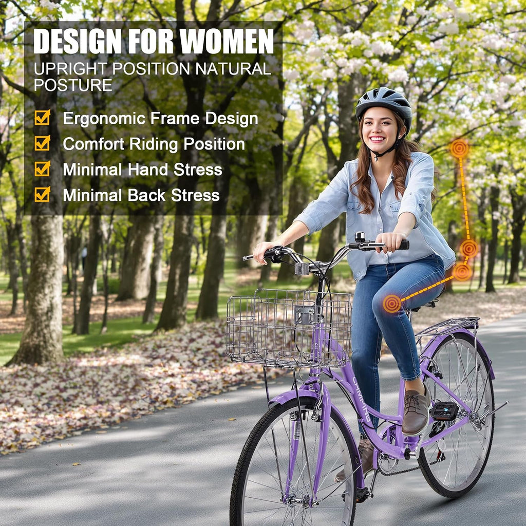 CamPingSurvivals 26' Cruiser Bike Commuter Bike 7 Speed Women's Bicycle Beach Cruiser with Ergonomic Upright Design, Adjustable Saddle, Dual Fenders & V Brake and High Carbon Steel Frame