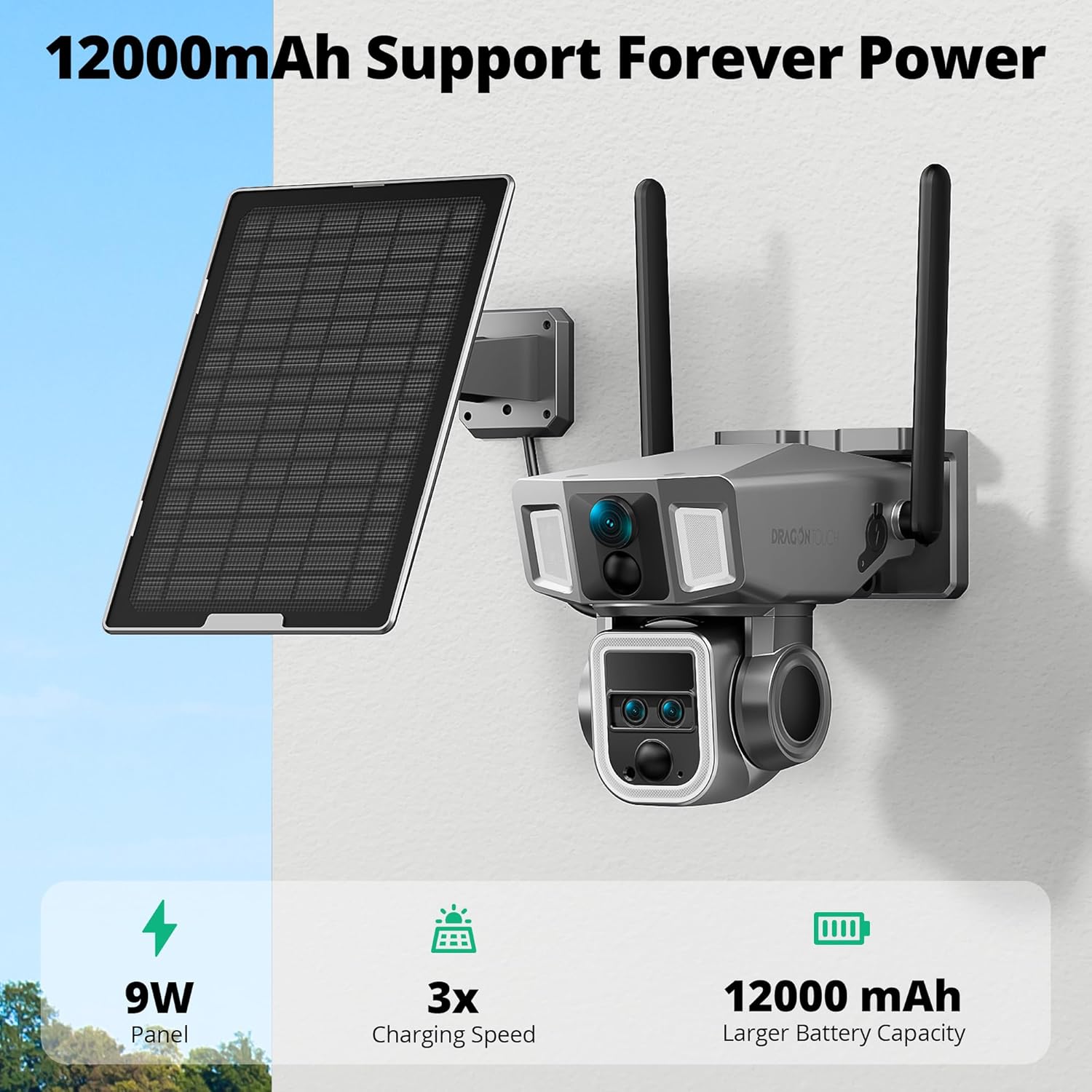 Dragon Touch 4G LTE Cellular Security Camera Outdoor, 4K Wireless Solar Bullet-PTZ Cam, 3 Lens, 10x Optical Zoom, 4G or WiFi 2 Mode, 360° PTZ AI Tracking, SIM Card and 64GB SD Card Included