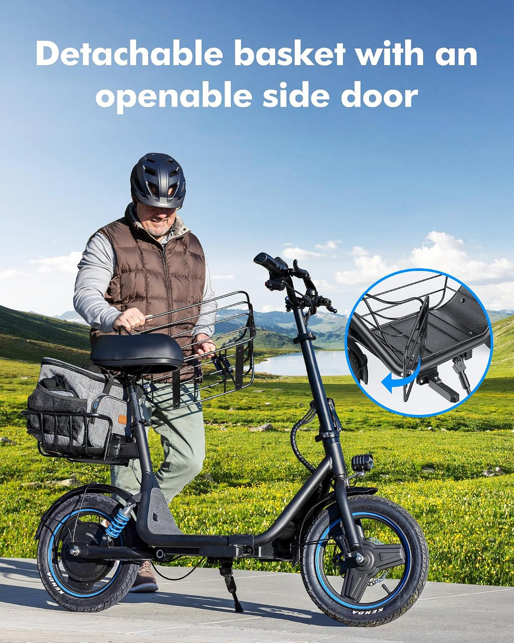 Gyroor C1 Plus Electric Scooter for Adults with Seat & Pet Basket - 30 Miles Range 650W Motor 48V 13.5Ah Battery 18.6MPH 14' Pneumatic Tires Foldable Design Dual Shock Absorbers 300lbs Capacity