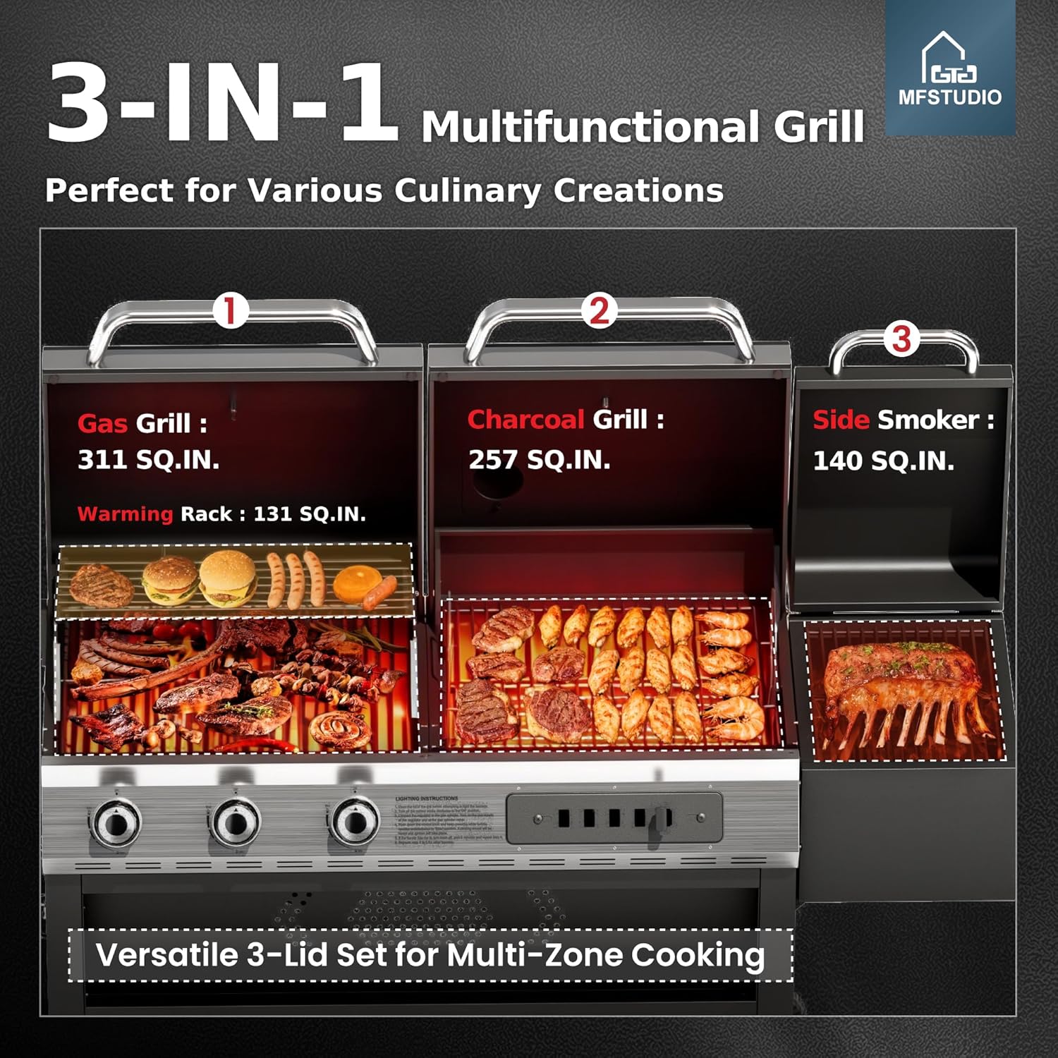 MFSTUDIO Gas and Charcoal Grill Combo with Side Smoker, Heavy Duty Dual Fuel BBQ Grill with Porcelain-Enamel Grates, Perfect for Outdoor Grilling, 840 SQIN Cooking Area