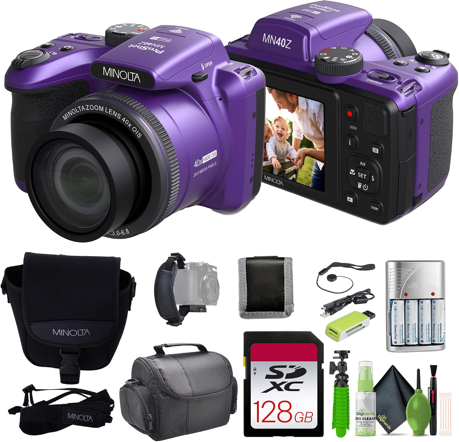 MINOLTA MN40Z 20 Mega Pixels 40x Optical Zoom Digital Camera with 1080p FHD Video (Purple) Bundle with 64GB Memory Card + Vlog Tripod + 4xAA Battery with Charger + Accessories