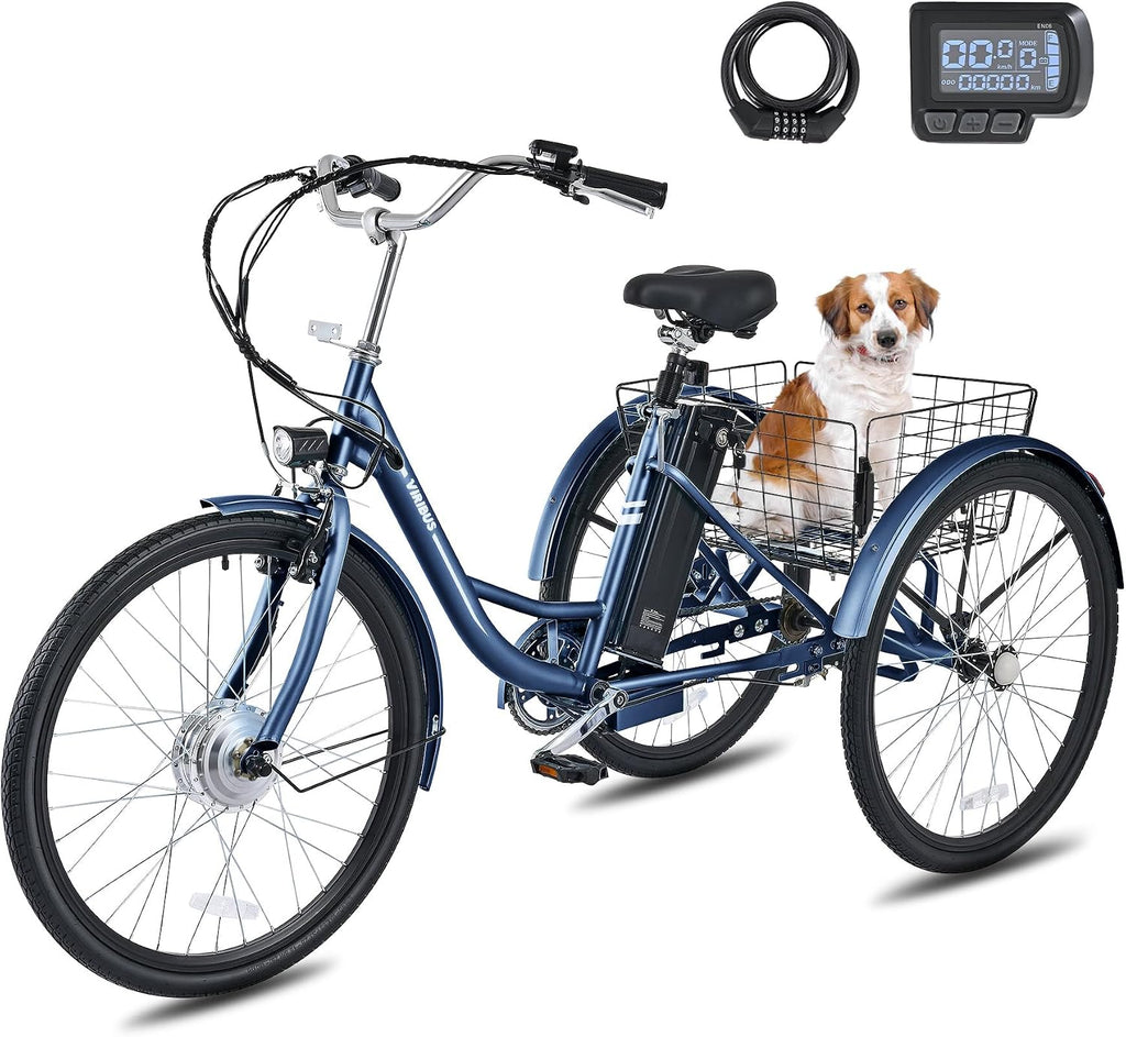 VIRIBUS Electric Tricycle for Adults, 24 26 inch Electric Trike with 468Wh Removable Battery, 250W/350W(Peak 500W) 3 Wheel Electric Bikes for Seniors, Motorized Adult Tricycles Women Men 330 lb.