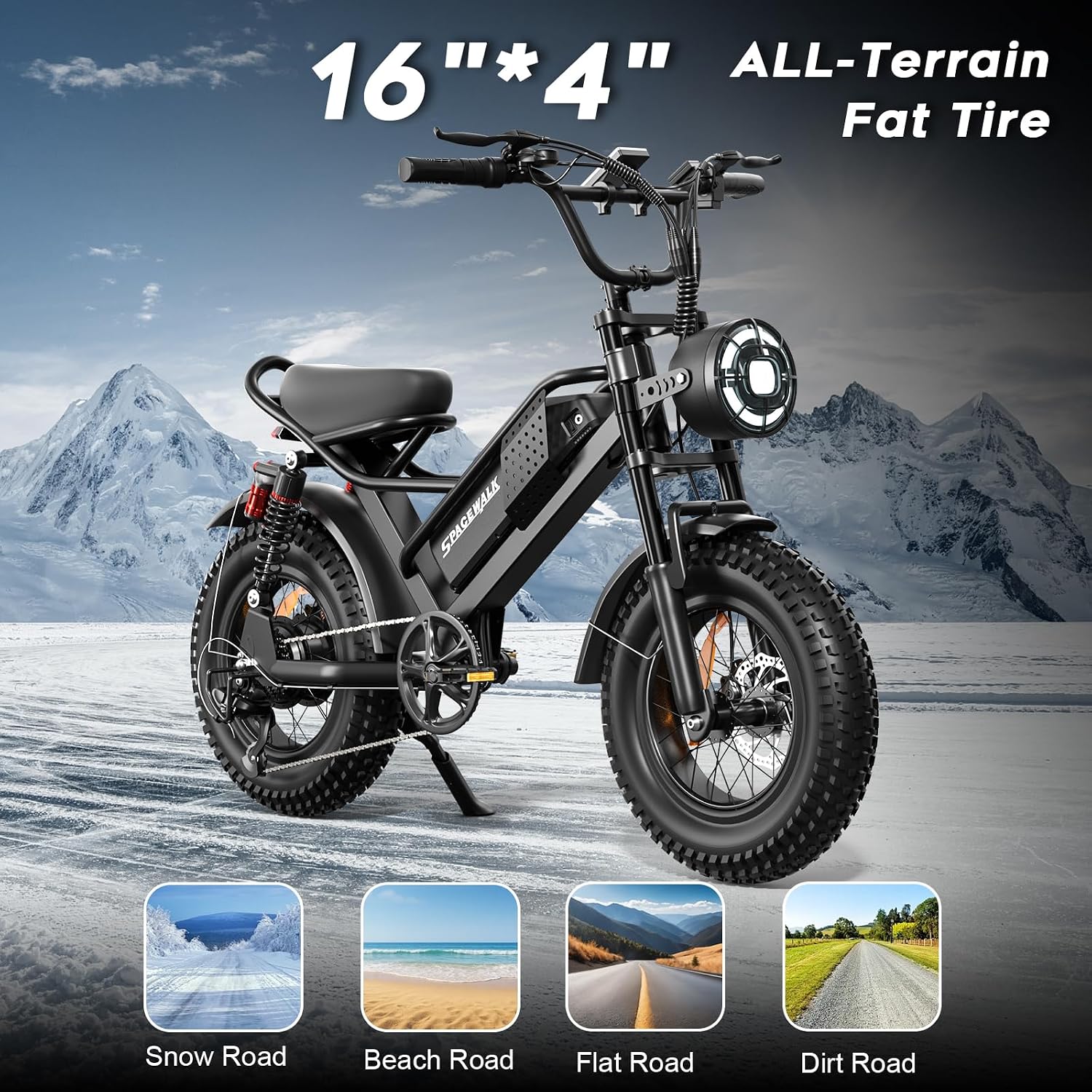 Spacewalk Electric Bike M6 / M7 for Teens/Adults,16' / 20' Ebike,1500W Peak Motor,21.7mph / 27.9mph,48V 15Ah Removable Battery,4X Suspension,50 Miles Pure Electric,70 Miles PAS