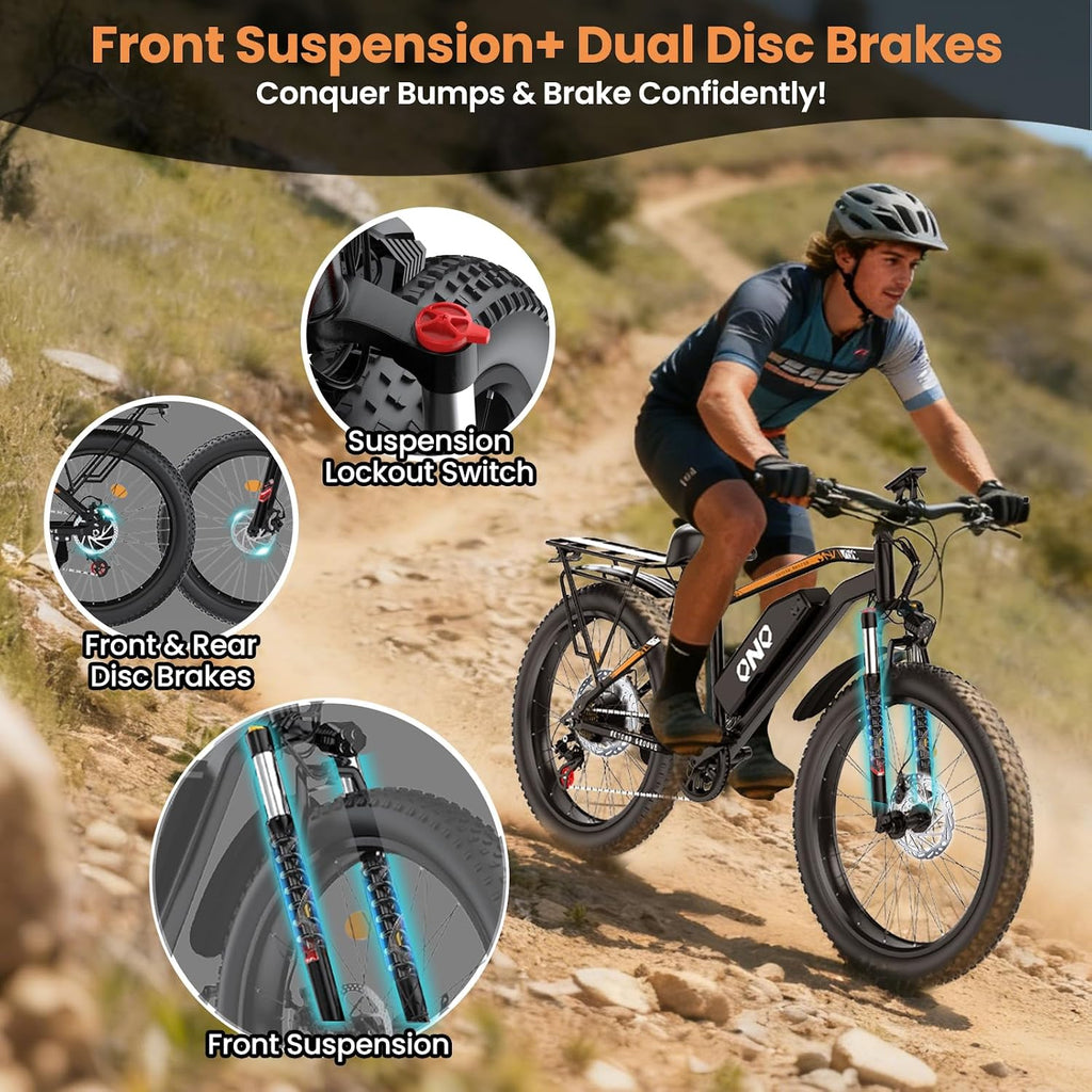 Fat Tire Electric Bike for Adults - 1500W Peak Motor, 48V 15Ah Fast Electric Mountain Bike,20MPH & 60 Miles Long Range Ebike,26' All Terrain E-Bike for Men Women w/ Lockable Suspension & 7 Speed Gears