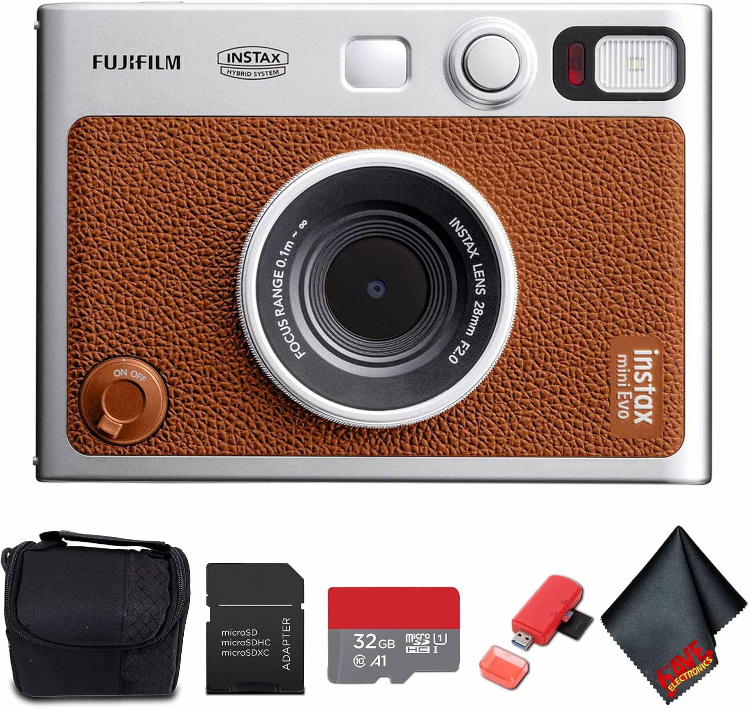 FUJIFILM INSTAX MINI EVO Hybrid Instant Camera (Brown) Bundle with 32GB Memory Card + Camera Case + USB Card Reader, SD/microSD + Microfiber Cleaning Cloth