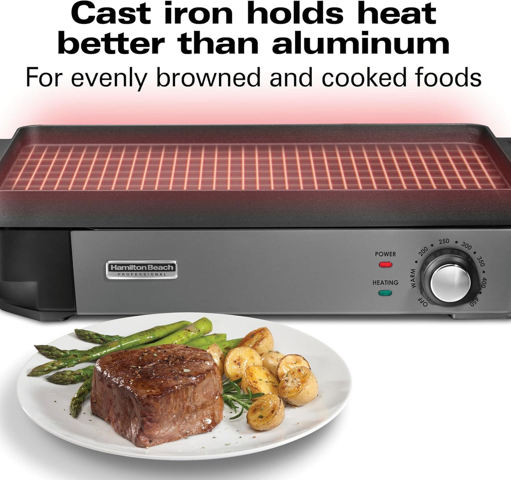 Hamilton Beach Professional Cast Iron Indoor Electric Grill & Griddle, 10' x 16' Preseasoned Cooking Surface, Adjustable Temperature up to 450° F, Black (38560)