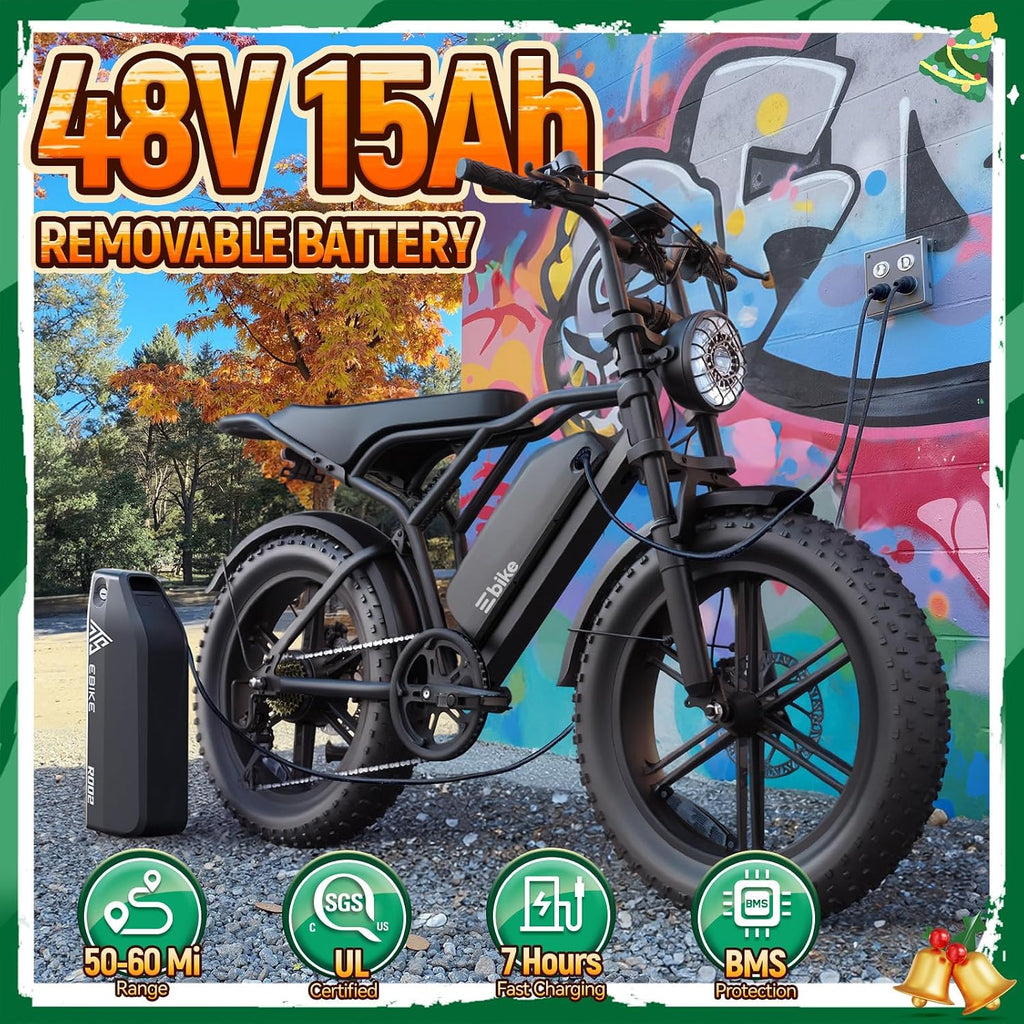 TST Electric Bike for Adults, 1500W Peak Motor 60/100 Miles Fat Tire Ebike with 48V 15Ah/25Ah Removable Battery 20' Fat Tire Electric Dirt Bike Full Suspension and 7-Speed