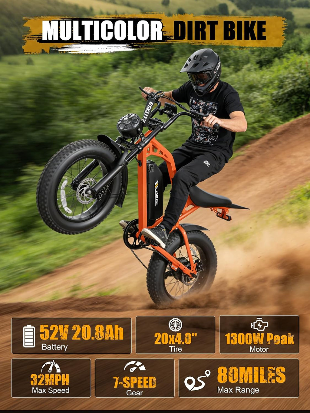 ESKUTE V200 Electric Dirt Bike for Adults,52V20.8Ah Battery,20' x4.0 Fat Tire,32MPH,NFC Unlock Color Display,7-Speed Dual Suspension,Dirt E-Bike,80 Miles, Streamlined Frame, E-Bike for Youth & Adults