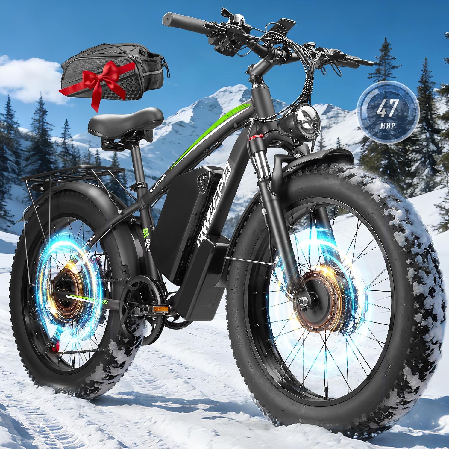 8000W Peak Dual Motor Electric Bike for Adults, 47MPH Fast Fat Tire E-Bike with Detachable Battery, 105Miles Long Range, Hydraulic Disc Brakes, 7-Speed Gears, All-Terrain for Mountain Snow Commuter