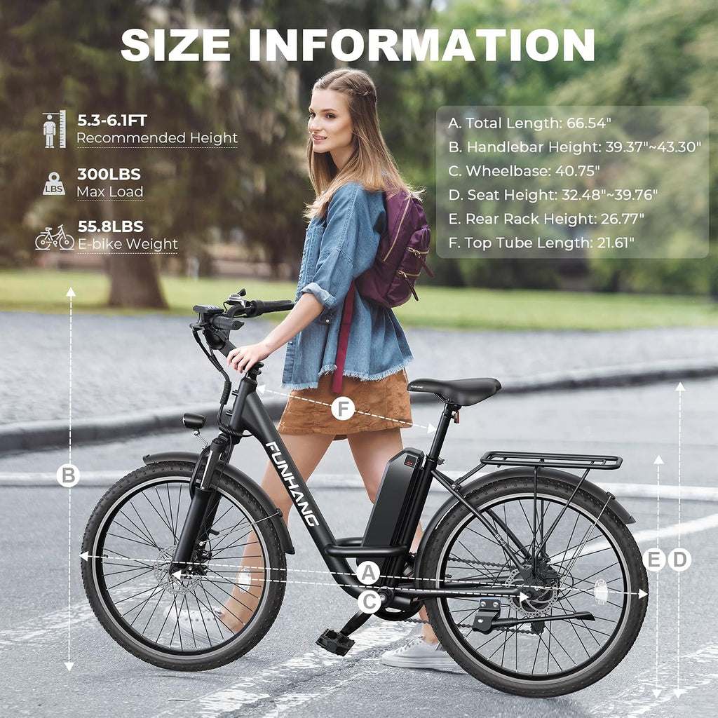 Funhang Electric Bike for Adults, 26' City Cruiser Ebike with 1000W Peak Motor, 20MPH 50 Miles Commuter Adult Electric Bicycles with 48V Battery, Adjustable Stem, 7-Speed, UL 2849 Certified