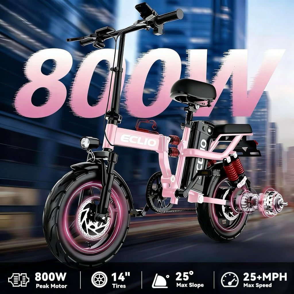 DDC SPORT Folding Electric Bike, Peak 800W Motor 25MPH,48V 14Ah Removable Battery 55Miles Ebike,14'' Lightweight Adults Electric Bicycles for Men/Women/Teens,Mini E-Bike,Full Suspension