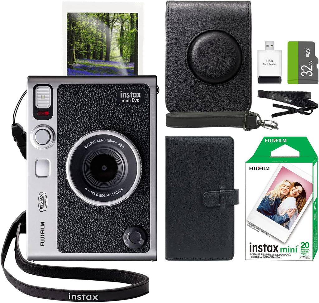 FUJIFILM INSTAX Mini EVO Hybrid Instant Camera Black + Fuji Instax Film 20 Sheet + Custom Case & Album 32GB Micro SD Memory Card Accessory Bundle