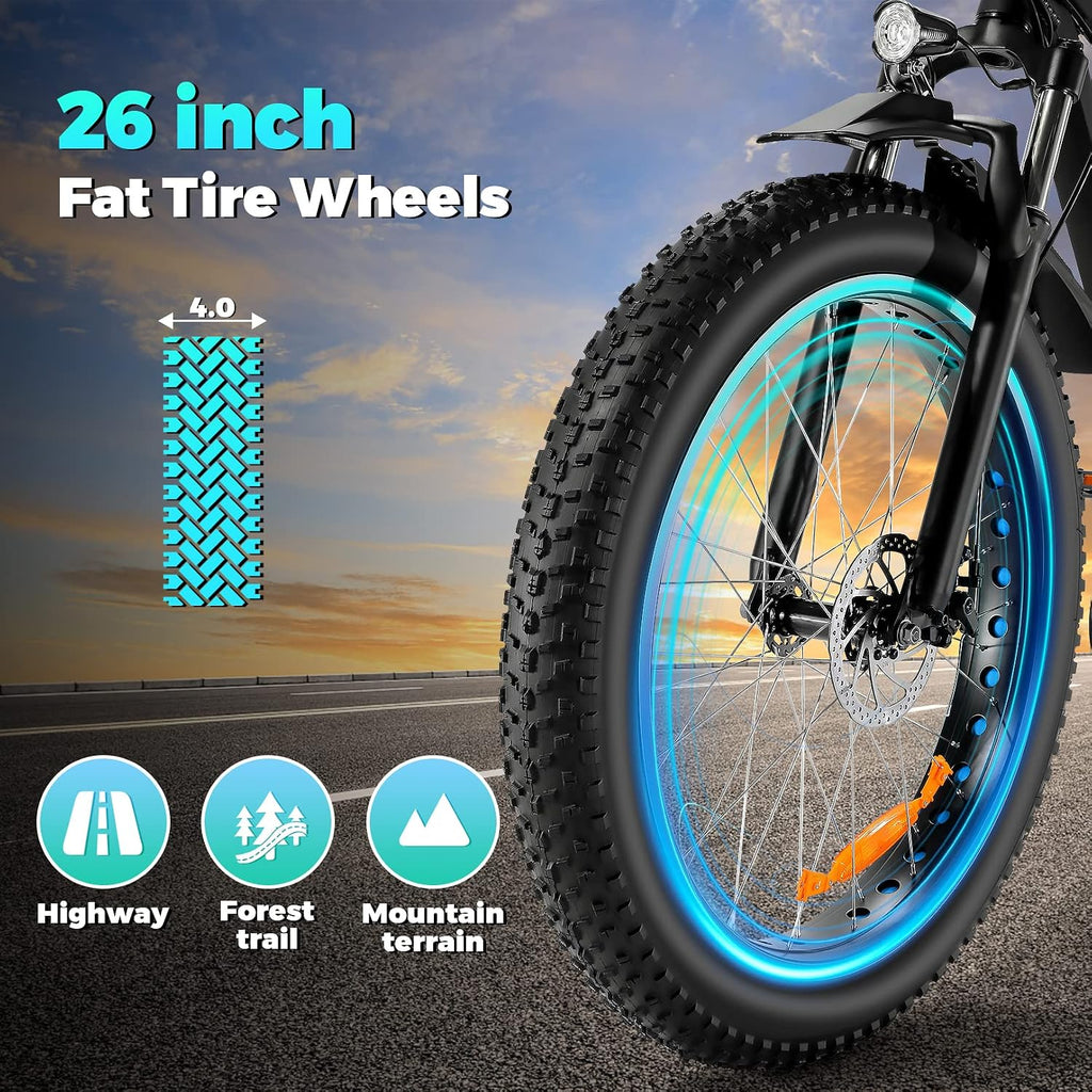 Electric Bike 26' Fat Tire Electric Bike for Adult, 20mph Peak 750W 48V 10.4/ 13Ah Removable Battery Electric Mountain Bike, Commuting Off Road Ebike 7 Speed & Front Suspension Fast Charge