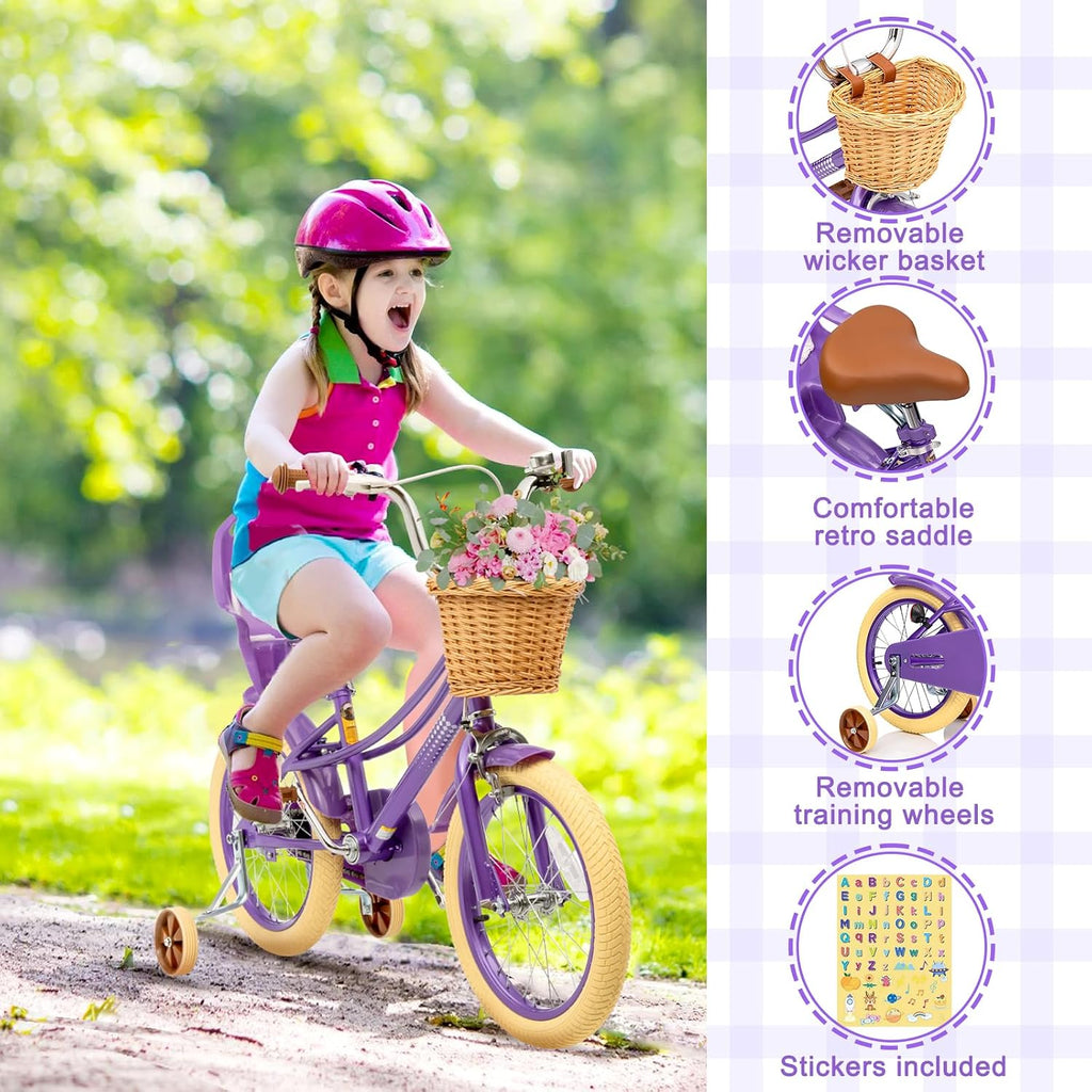 Glaf Toddler Girls Bike 12 14 16 20 Inch Girls Bike with Training Wheels Age 2-12 Years Old Bicycle Kids Bike with Basket and Doll Seat Adjustable Seat