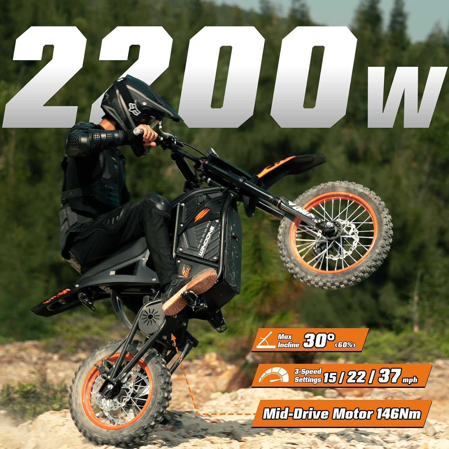 RM7 Electric Dirt Bike for Adults & Teens, 2200W Peak Ebike, 48V 22.5Ah, 37 MPH, 45 Miles, 14'/12' Tire Off-Road Electric Motorcycle, Dual Hydraulic Brakes, Fit Age 13+
