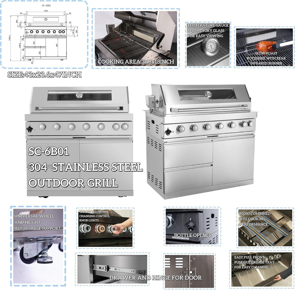 82-Inch 6-Burner Propane Gas Outdoor Grill Island, 85000 BTU Stainless Steel BBQ with Refrigerator, Granite Countertops, For Backyard BBQ, Silver