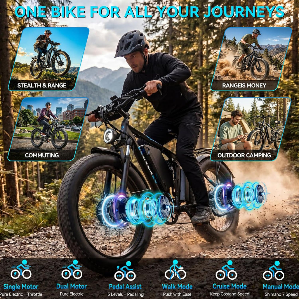 9000W Peak Dual Motor Ebike for Adults 47 MPH Fast ElectricBike, 58V Max Output 1972 Wh Up to 105 Miles Ebikes,24' Fat TireE-Bike,Full Suspension Electric Bicycle for Mountain Commuter
