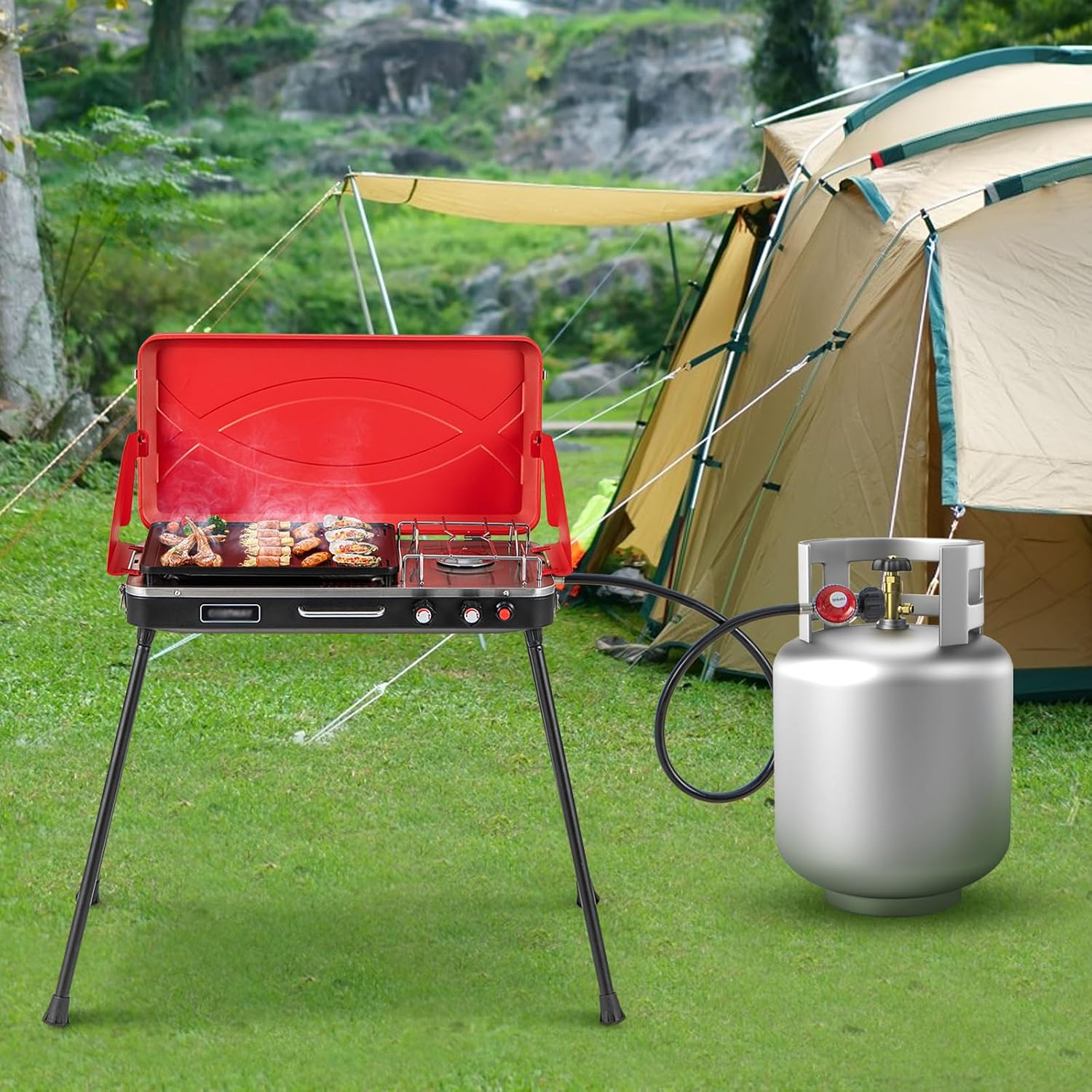 HAPPYGRILL Portable Camping Stove, 2-Burner Propane Grill Cooker with Removable Leg Stand, Roast Grill, Dual Control Knobs, Wind Guards, Outdoor Gas Grill for Camping BBQ Picnic, Red