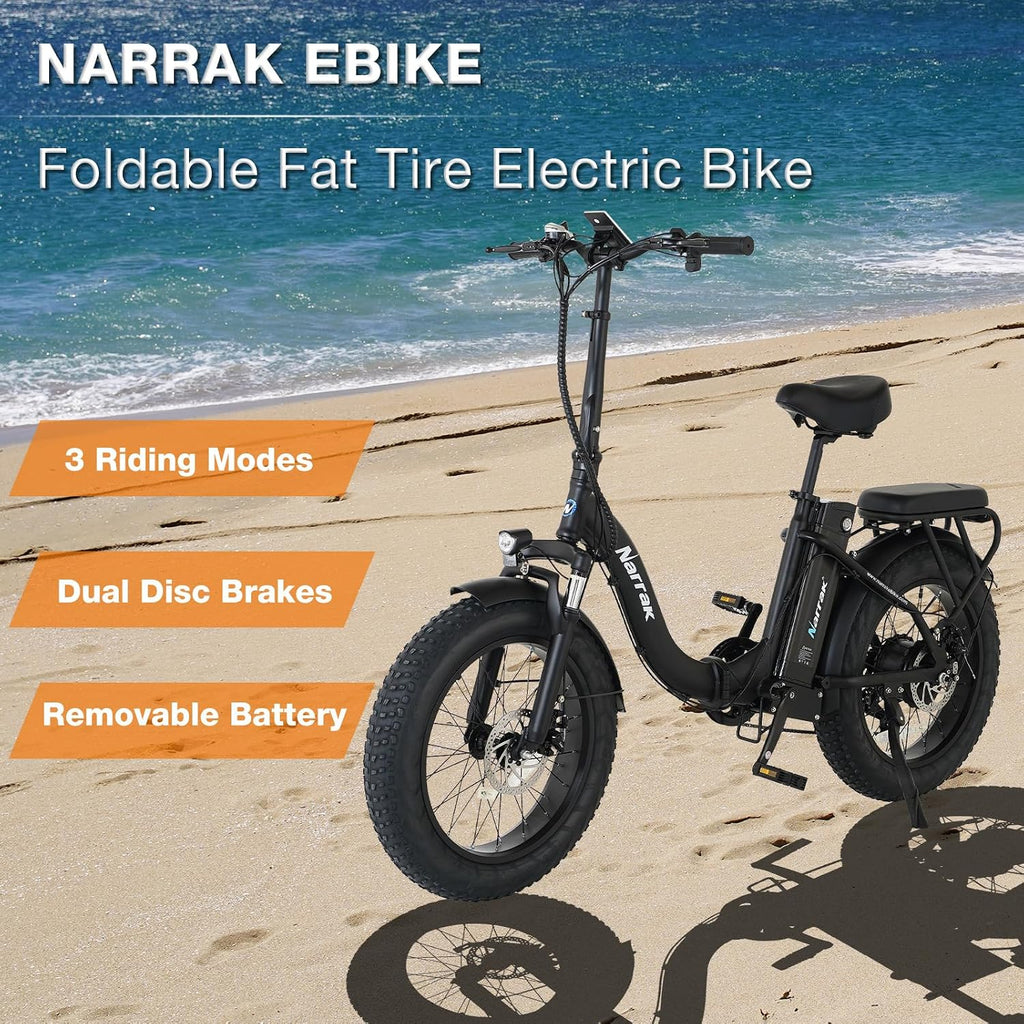 NARRAK Fat Tire Folding Electric Bike, 48V & 624Wh Lithium Removable Battery, Peak 1100W Brushless Motor, Max Speed 20Mph, M5 Large LCD Display, Suspension, Step-Over/Thru Frame