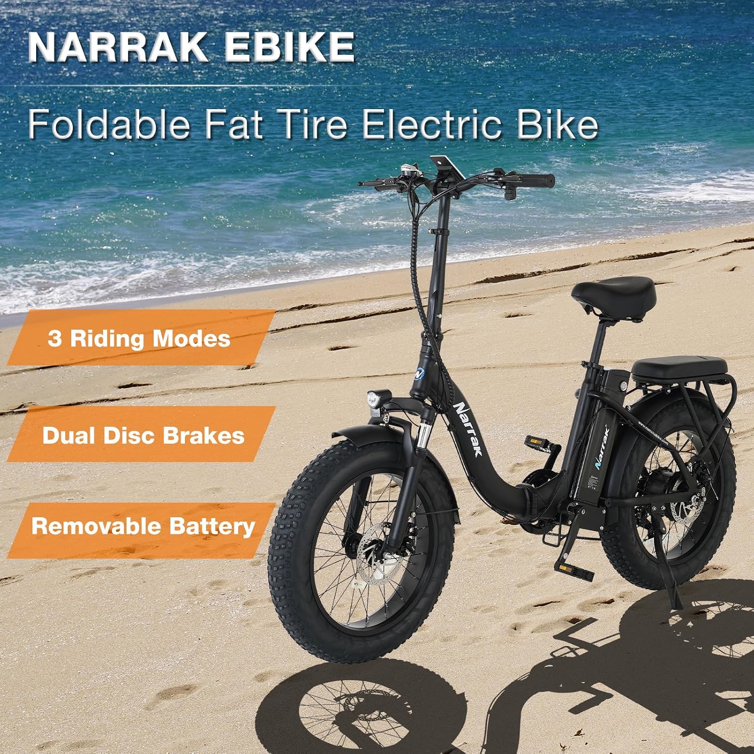 NARRAK Fat Tire Folding Electric Bike, 48V & 624Wh Lithium Removable Battery, Peak 1100W Brushless Motor, Max Speed 20Mph, M5 Large LCD Display, Suspension, Step-Over/Thru Frame