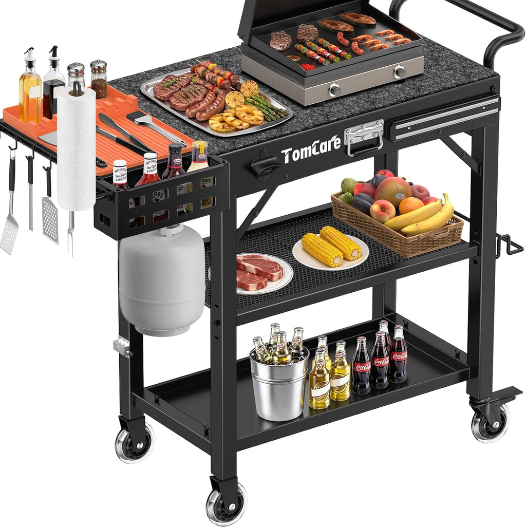 TomCare Grill Table with 3-Tier Storage Shelves Lockable Wheels Grill Cart with Silicone Grill Mat Heavy Duty Outdoor Tabletop Griddle Stand Holds 500Lbs Fits 22' Blackstone Ninja Cuisinart BBQ Grill