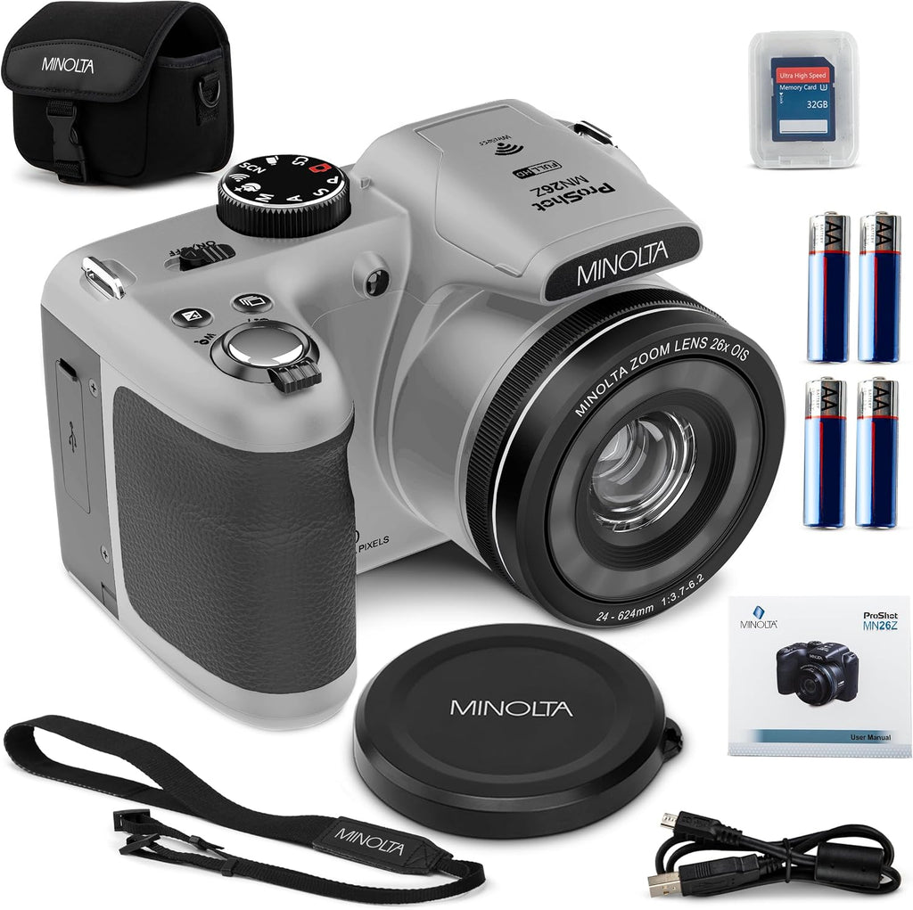Minolta ProShot 20MP Camera – 26x Optical Zoom Lens, 1080p HD Video, WiFi, 3-inch LCD Screen, Image Stabilization, Face Detection, Scene Modes, Compact Point & Shoot, 32GB Card (Silver)
