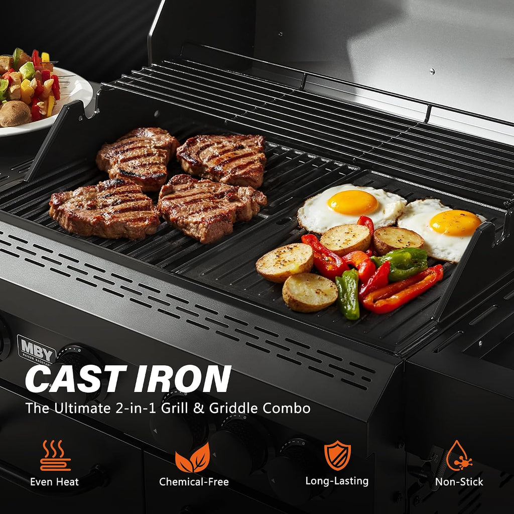 4+1 Burner Propane Gas Grill,47,000 BTU Outdoor BBQ with Enameled Cast Iron Grates and Side Tables, Portable for Backyard, Patio,Camping,3-in-1 BBQ Grill and Griddle Combo,555 Sq.in Cook Area