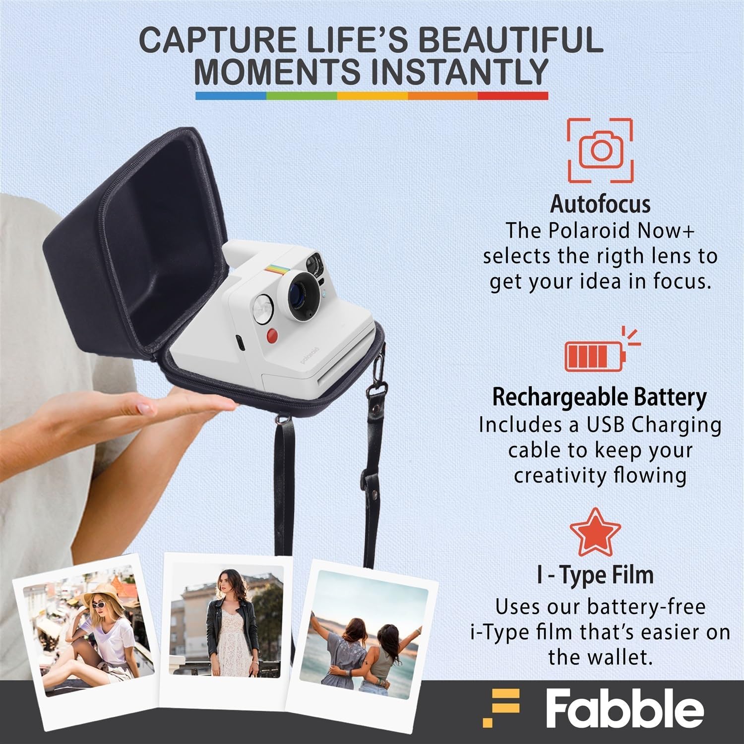 Polaroid Now+ Generation 3 I-Type Instant Film Camera (White) Bundle with Polaroid Color I-Type Film (8 Exposures), Hard Protective Case and USB-C 6 ft. Cable