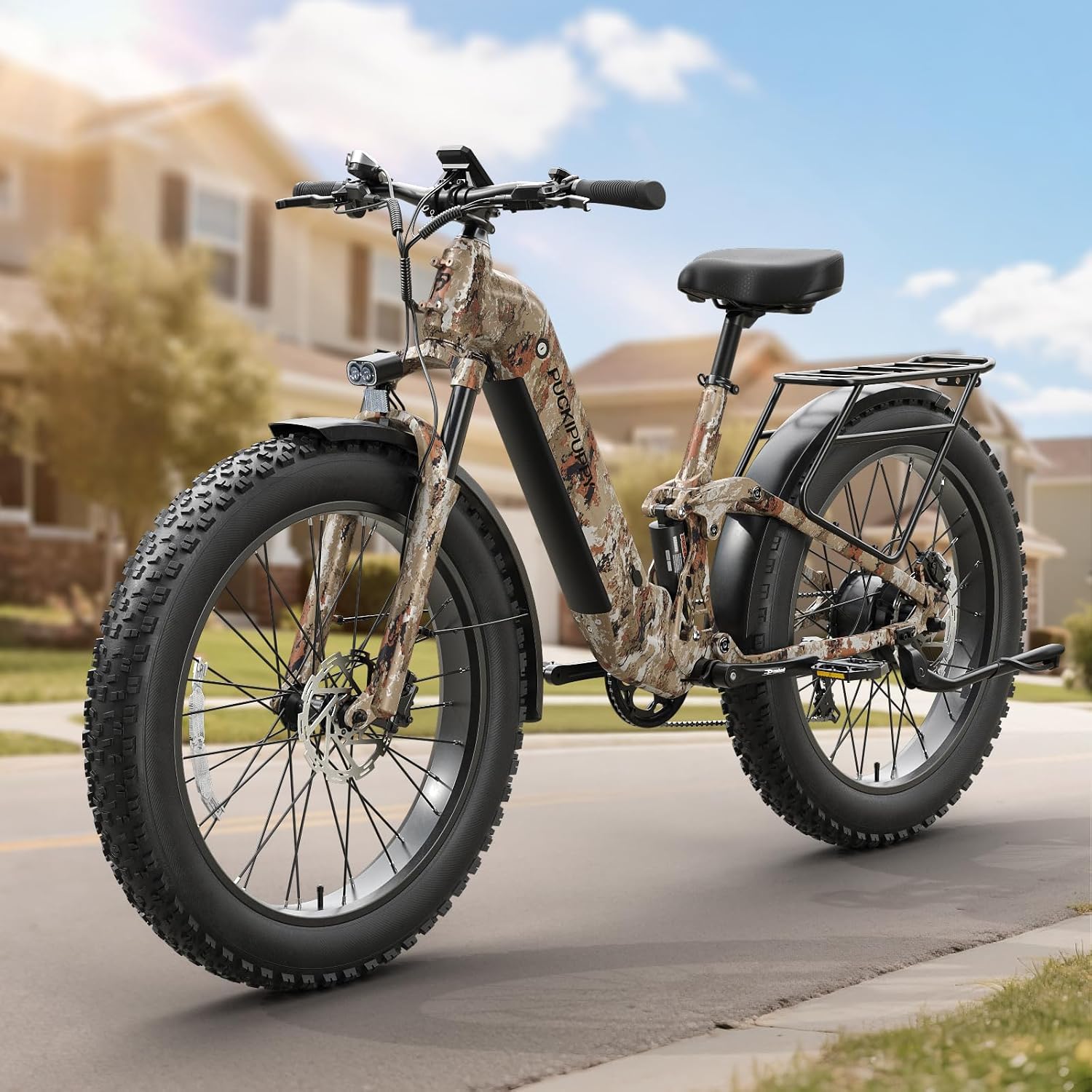 PUCKIPUPPY Electric Bike for Adults 960W, 48V 20AH Battery Adult Electric Bicycles, 26' Fat Tire Full Suspension Step-Thru Ebike, 28MPH Mountain Ebike, 7 Speed, 80Miles Range
