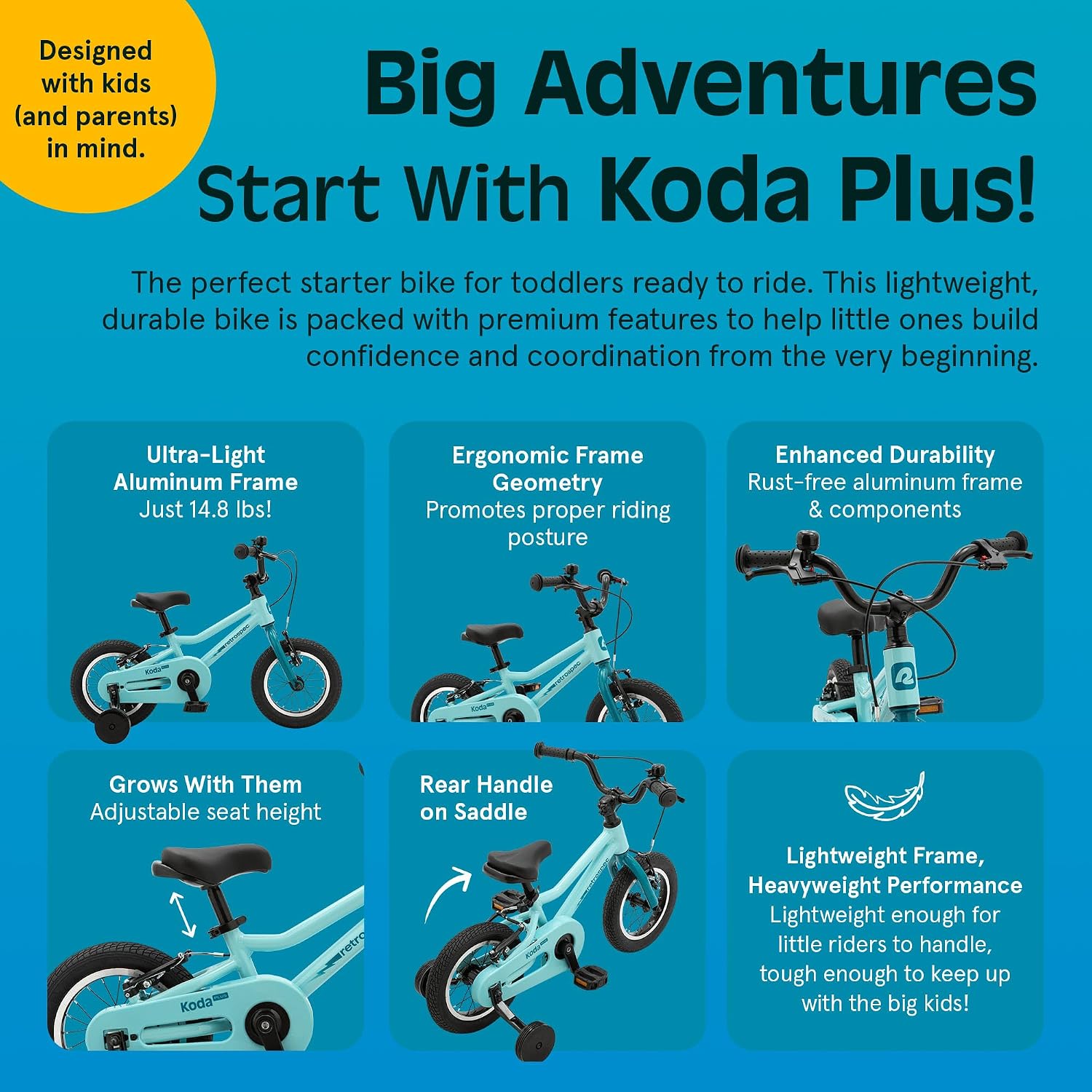 Retrospec Koda Plus Kids Bike for Boys & Girls Ages 2-3 Years - Children's Bicycle, Adjustable Seat & Handlebars, Removable Training Wheels, Front Hand Brakes, Rear Coaster Brake & Safety Bell