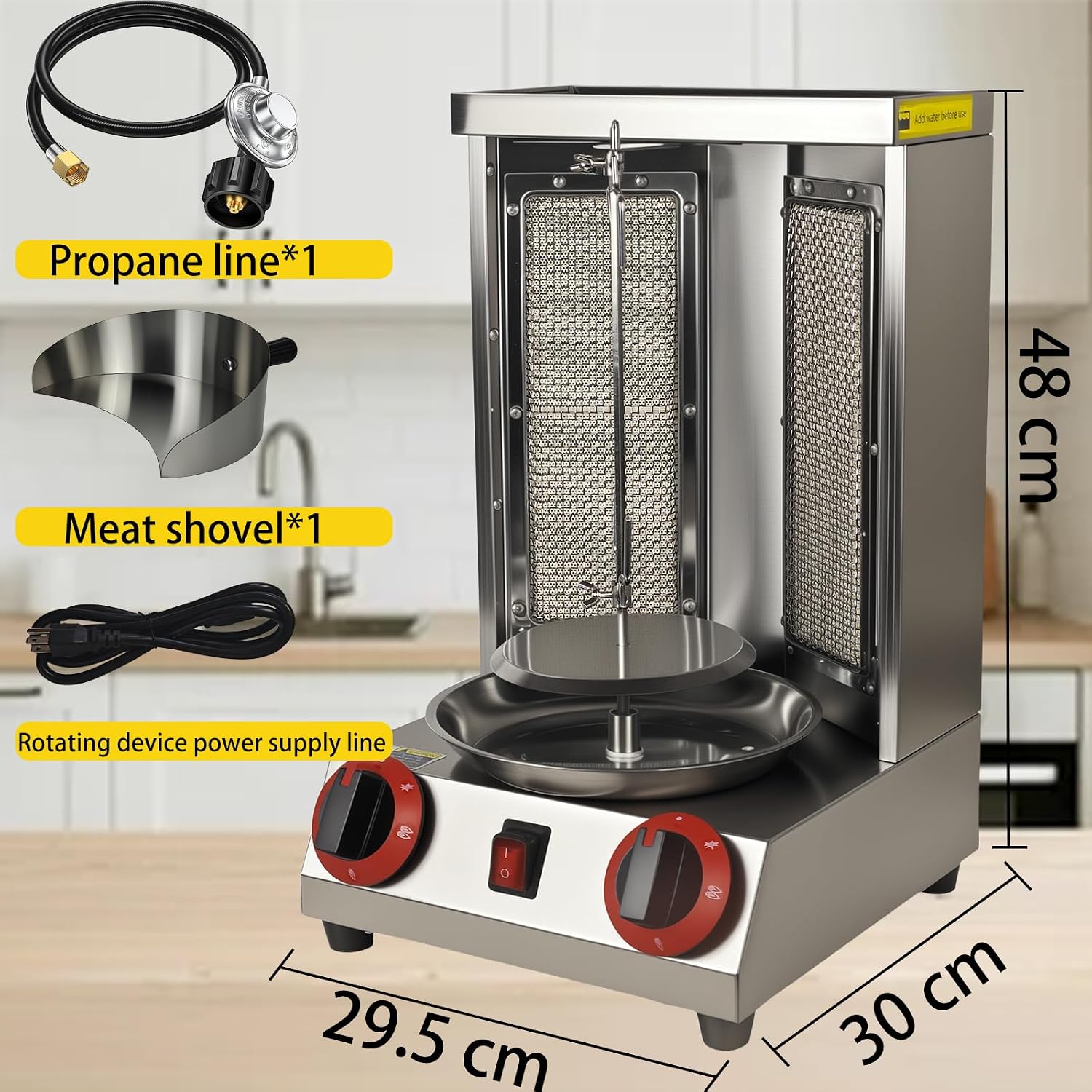 Shawarma Grill Machine Oven Rotisserie Kebab Turkey Machine, Infrared Burner trompo para tacos al pastor，Automatic Rotation,Up to 750°F/400℃,Vertical Skewers, Stainless Steel 110V