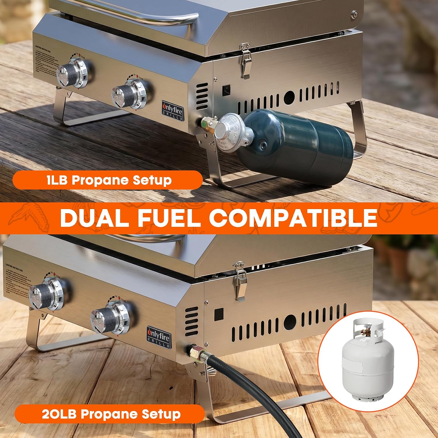 ONLYFIRE GRILLS Tabletop Gas Griddle with Foldable Legs, 2-Burner BBQ Propane Flat Top Griddle, Portable Gas Stove for Outdoor Cooking Patio Party Camping Tailgating RV, Stainless Steel, GS318