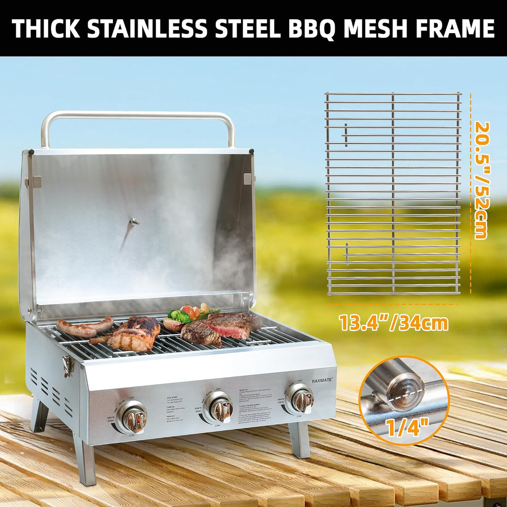 Tabletop Gas Grill 3-Burner, 22-inch Portable Propane Grill, 30,000 BTUs Stainless Steel Grill with Foldable Legs, Ideal for BBQ, Camping, Patio, Backyard, Tailgate, and Holiday Gatherings