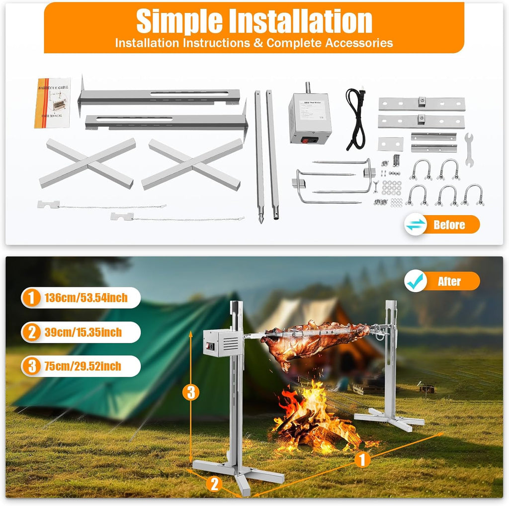 53' Electric Rotisserie Grill Kit, 88.18lbs Capacity Large Spit Roaster BBQ Grill 360° Rotatable Outdoor Picnic Cooker Grill 25W with Adjustable Height, for Outdoor Camping Party