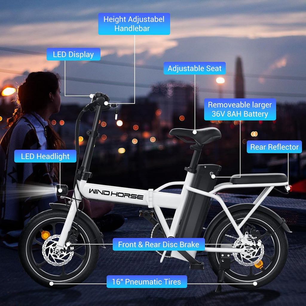 SEHOMY 2-Seat Electric Bike for Adults 630W Peak Motor, 25MPH Folding Ebike, 16' Adults Electric Bicycles with 30° Uphill, 288WH Removable Battery, 35 Miles Long Range, Commuter E Bikes Teens 14+