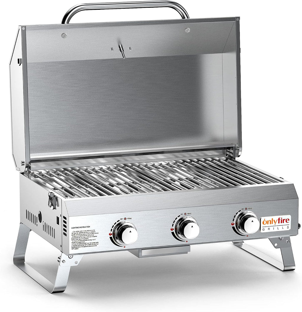 Tabletop Gas Grill 3 Burners, Portable Propane BBQ Grill with Foldable Legs & 22' Stainless Steel Grate for Outdoor Patio Backyard Barbecue, Camping Tailgating RV, 24000BTU High Output, Classic GS307