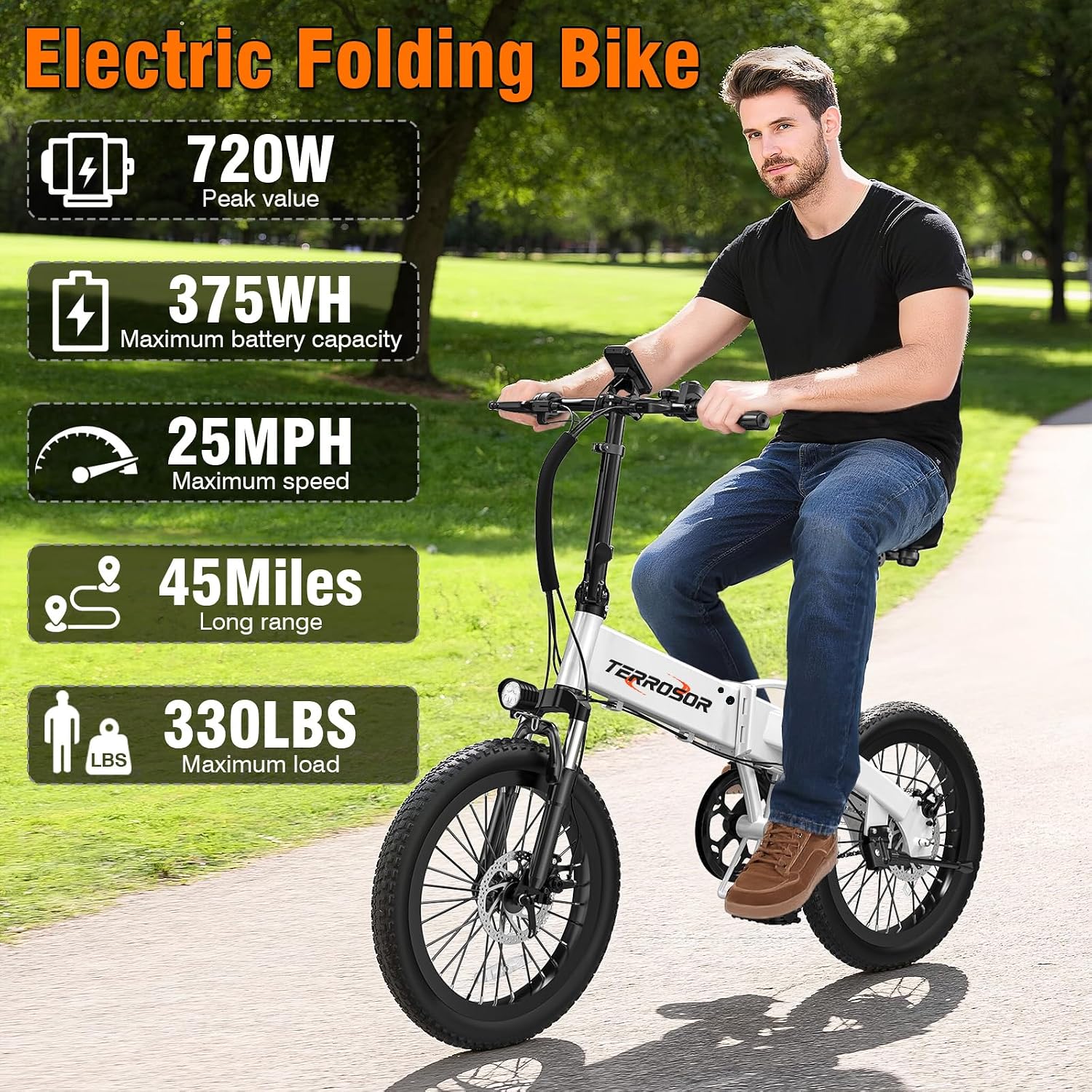 20' Foldable Electric Bike for Adults, Fat Tire Folding Ebike with Aluminum Alloy Frame, 720W Peak Motor, 25MPH, 375Wh Removable Battery, 50 Miles, 5-Level Pedal Assist, Commuter Electric Bicycle